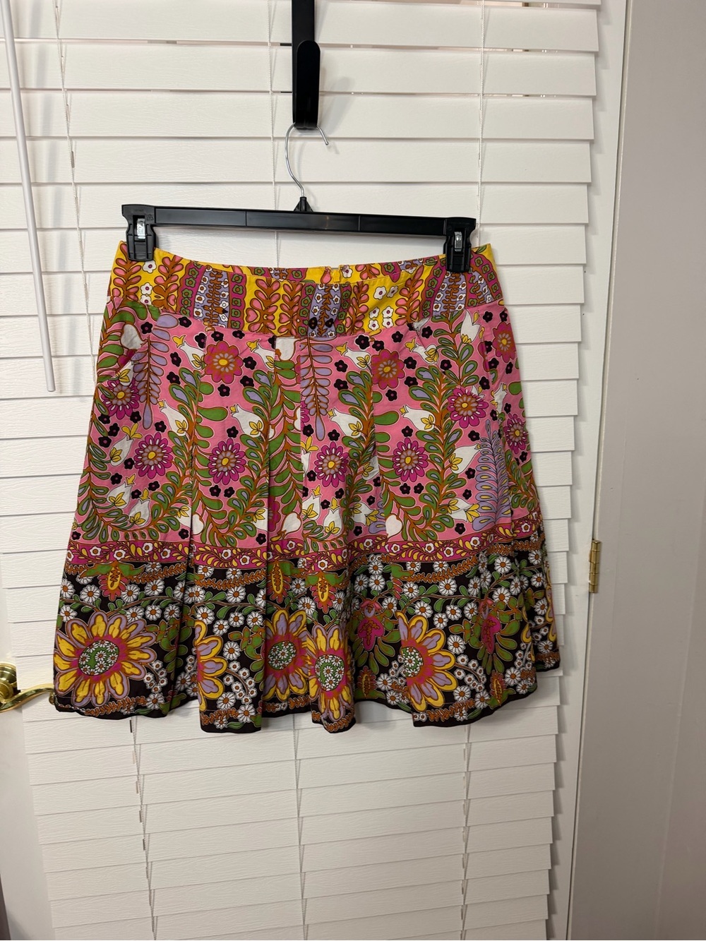 CAbi Pink Floral Tiered Mini Skirt with Green and Brown Accents